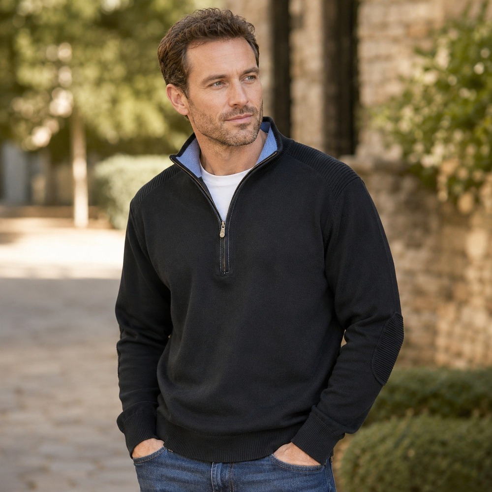 Nat Nast Mens Quarter Zip Sweater Cotton Cashmere Elbow Patch Black Mock Neck M